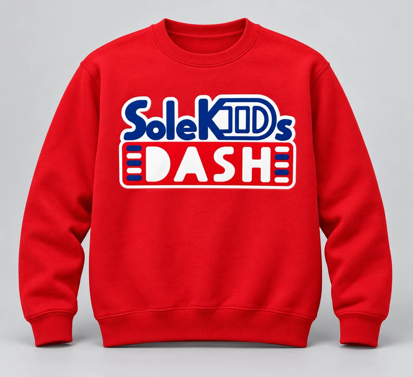 Red SoleKIDs DASH crewneck sweatshirt with the red, white, and blue DASH logo on the front
